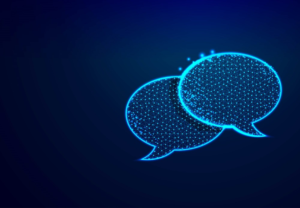 Light blue speech bubbles on dark blue background